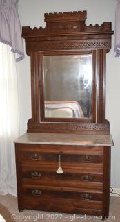 Antique Eastlake Marble Top Three Drawer Dresser with Mirror [Upstairs]